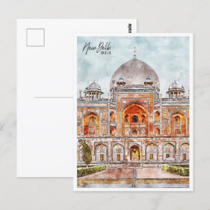 New Delhi India Travel Ställe Watercolor Vykort