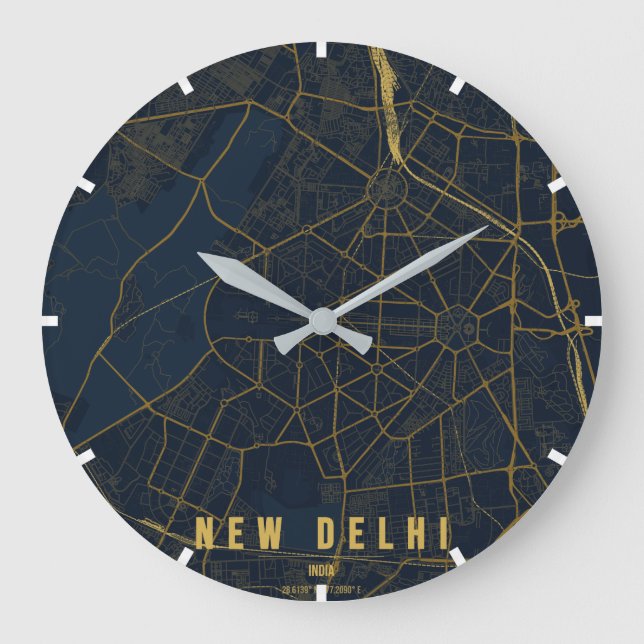 New Delhi Indien Stadskarta Minimal Stor Klocka (Framsida)