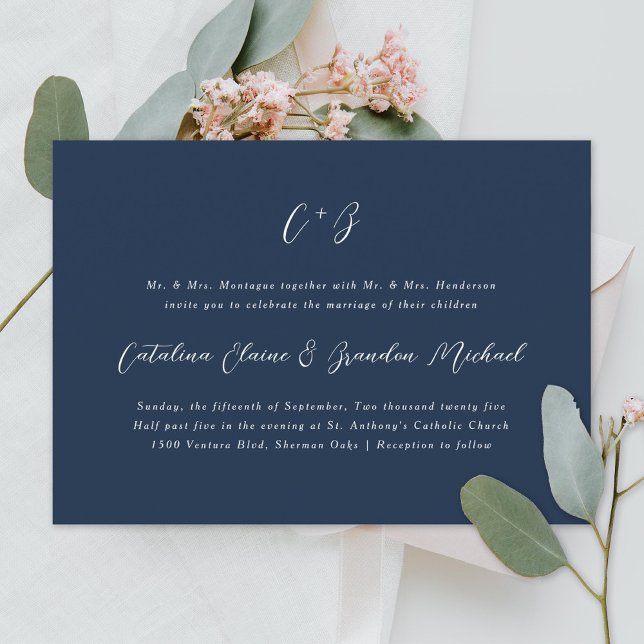 New Elegance Calligraphy Monogram Namn Navy Blue Inbjudningar (Skapare uppladdad)