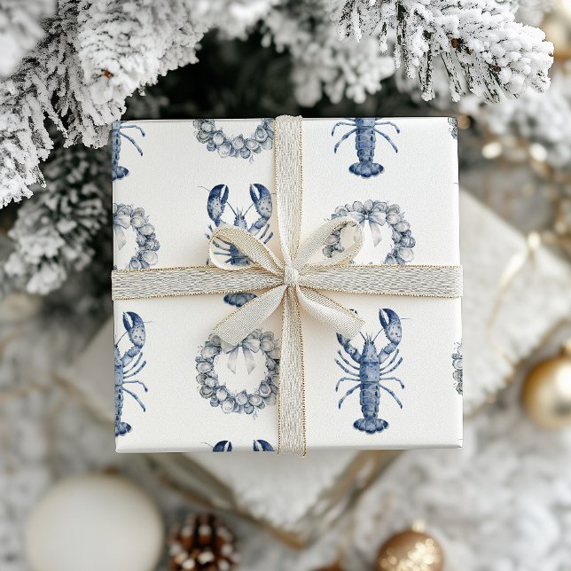 New England Blå Hummer + Oyster Shell Krans Presentpapper (Lobster Oyster Shell Wreath Gift Paper)