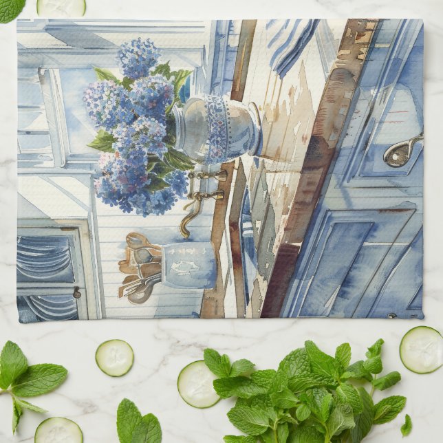 New England Coastal Kitchen Watercolor Kökshandduk (Vikta)