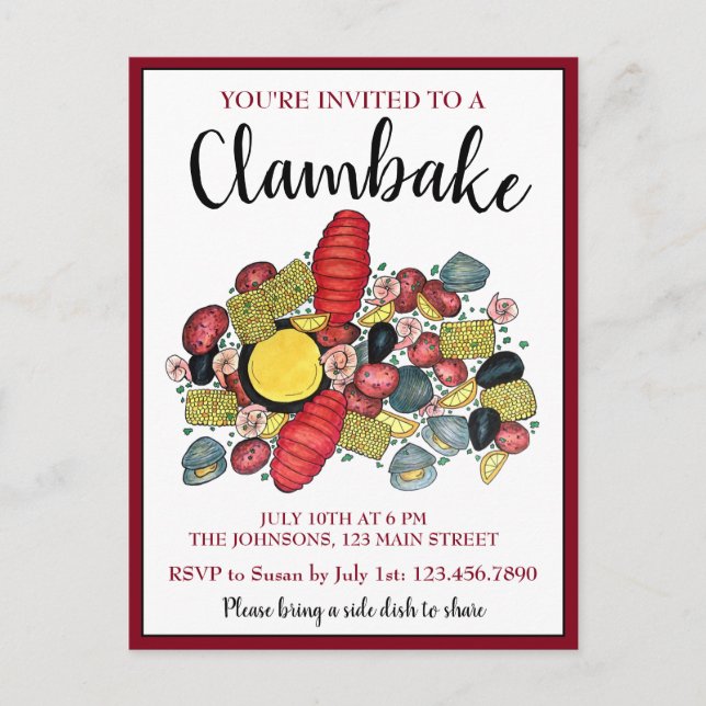 New England Lobster Boil Clambake Seafood Middag Inbjudan Vykort (Framsida)
