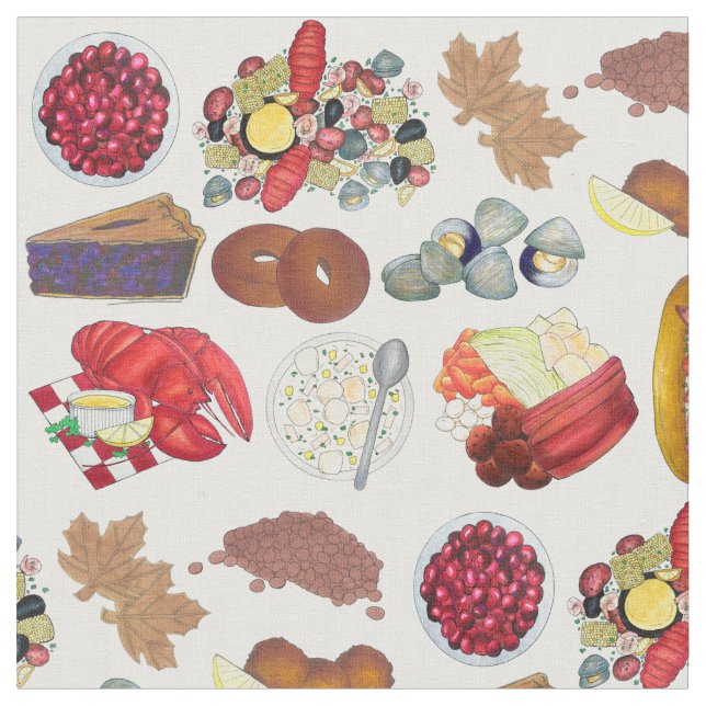 New England Mat Lobster Clams Cranbär Tyg (Närbild)