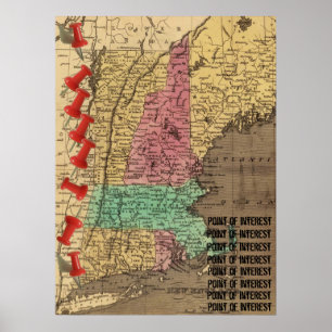 New England Points of Interest Karta Marker (1836) Poster