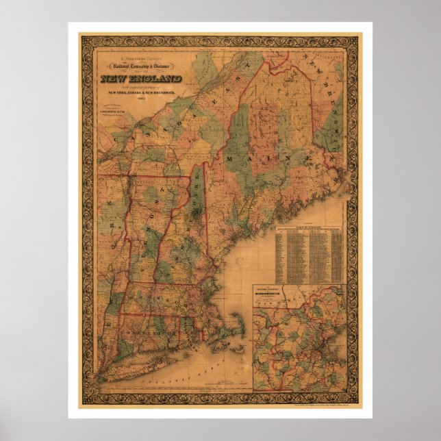 New England Railroad Karta 1861 Poster (Framsidan)