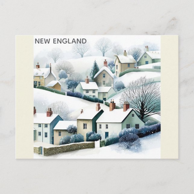 New England Snowy Winter Village Illustration Vykort (Framsida)