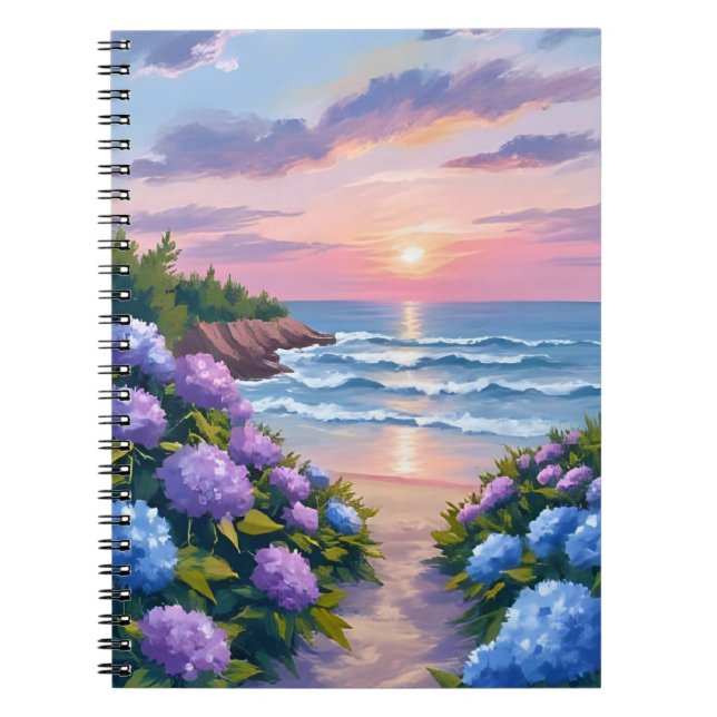 New England sommar | Hydrangea Strandmålning Anteckningsbok (Framsidan)