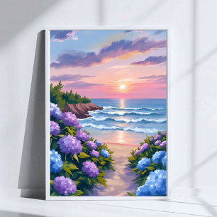 New England sommar Hydrangea strandmålning Poster