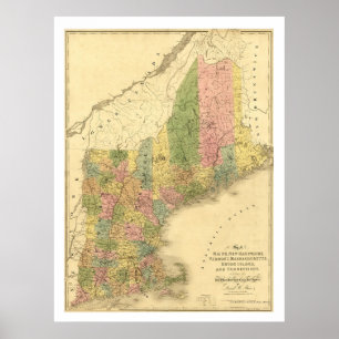 New England Stater Karta 1839 Poster