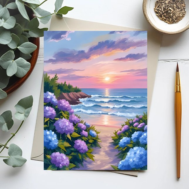 New England Summer | Hydrangea Beach Painting Vykort (Skapare uppladdad)