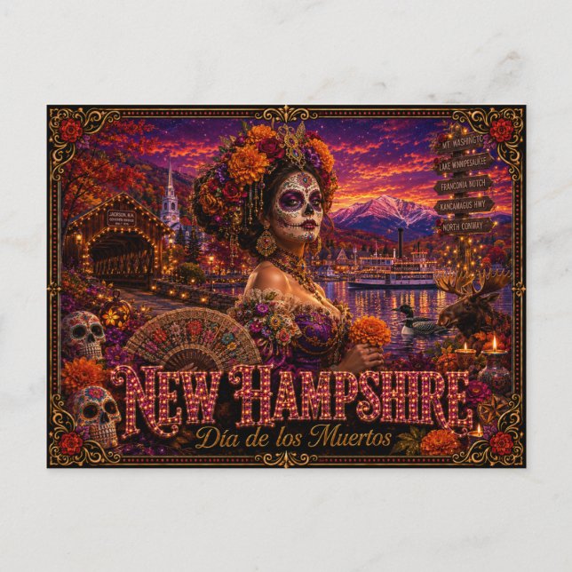 New Hampshire Día de los Muertos Retro Vykort (Framsida)