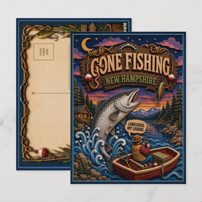 New Hampshire Gone Fishing Atlantisk Lax Vykort (Fram/baksida)