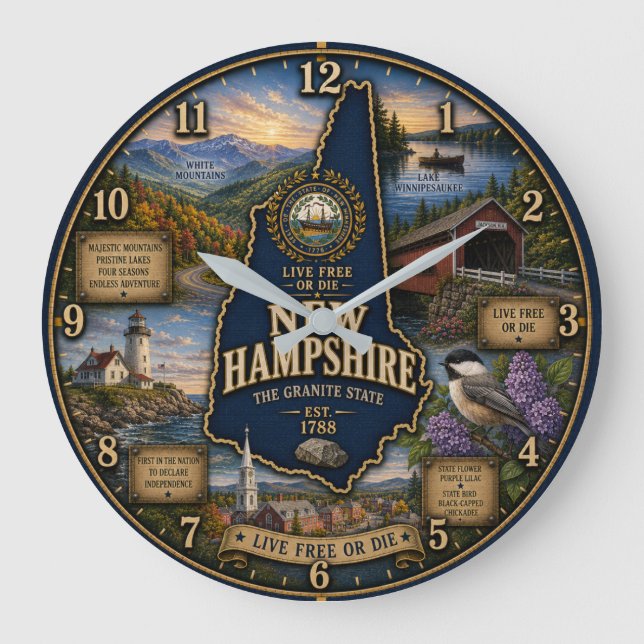 New Hampshire Granite State Mountain Lake Rustic Stor Klocka (Framsida)