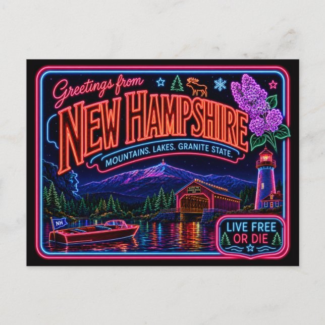 New Hampshire Neon State Retro Vintage Vykort (Framsida)
