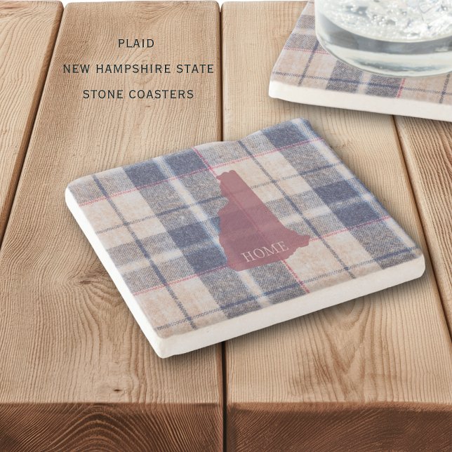 New Hampshire Plaid Personlig Stentallrik Stenunderlägg (Beautiful stone coasters with New Hampshire and fuzzy plaid backround, personalized)