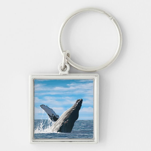 New HampshireHumpback Whale Scene Fyrkantig Silverfärgad Nyckelring (Framsidan)