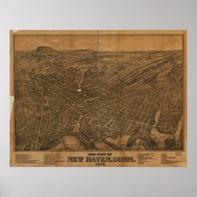 New Haven Connecticut 1879 Antique Panoramic Karta Poster (Framsidan)