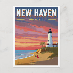New Haven Connecticut Fyrtorn Solnedgång Vykort