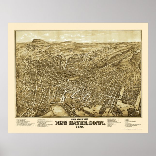 New Haven, CT Panoramic Karta - 1879 Poster (Framsidan)