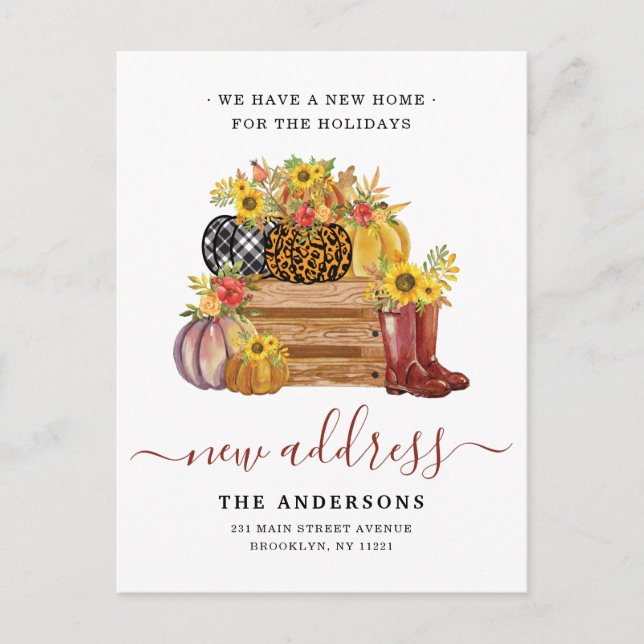 New Home Adress Blommigt Pumpkins SolrosFlytta Meddelande Vykort (Framsida)
