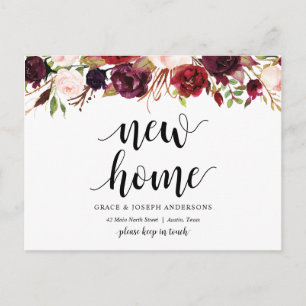 New Home Adress, burgundy blommigt, meddelande Vykort