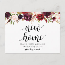 New Home Adress, burgundy blommigt, meddelande Vykort