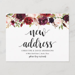 New home adress, burgundy blommigt, tillkännagivan vykort
