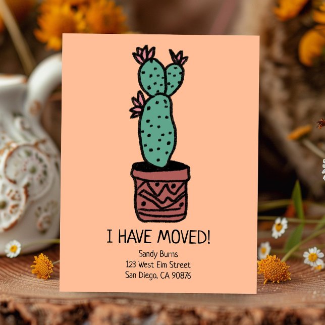 New Home Adress Flytta Announcement Cactus Doodle Vykort (New Home Address Change Moving Announcement Cactus Doodle  New Appartment Postcard)