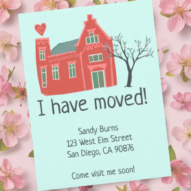 New Home Adress Flytta Announcement Cute House Vykort (Cute house illustration on these custom new address moving announcement postcards. Add you own text)
