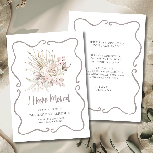 New Home Blush Pink Roses Moving Meddelande (I Have Moved Boho Blush Pink Roses with Eucalyptus New Address Flat Card)