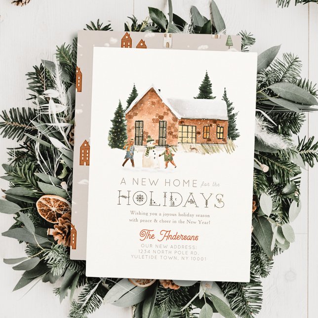 New Home Brick House Snögubbe Winterscape-jul Julkort (Skapare uppladdad)