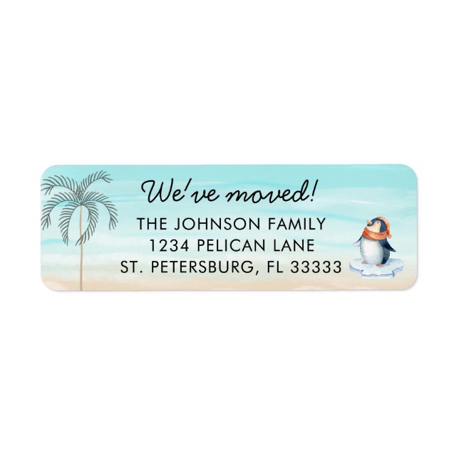 New Home Florida Beach Cute Penguin Returadress Etikett (Framsidan)
