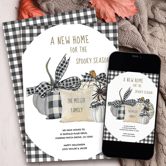 New Home for Spooky Season Farmhouse Halloween Meddelande (Stylish halloween themed new address card for fall moving announcements)