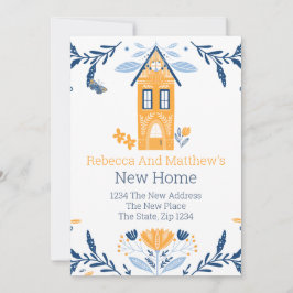 New Home Hygge Blue Gult House and Flowers Inbjudningar