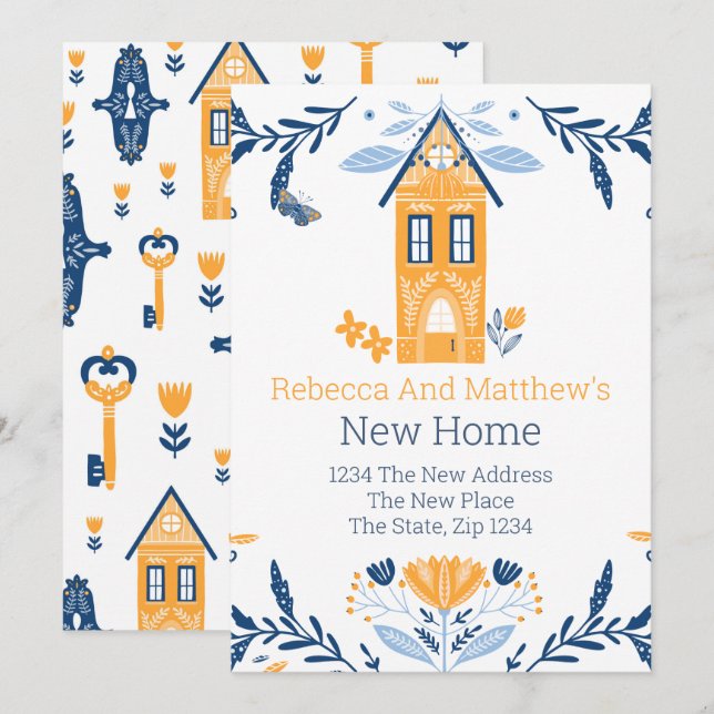 New Home Hygge Blue Gult House and Flowers Inbjudningar (Fram/baksida)