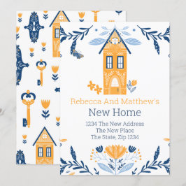 New Home Hygge Blue Gult House and Flowers Inbjudningar