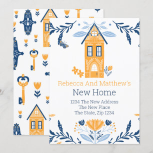 New Home Hygge Blue Gult House and Flowers Inbjudningar