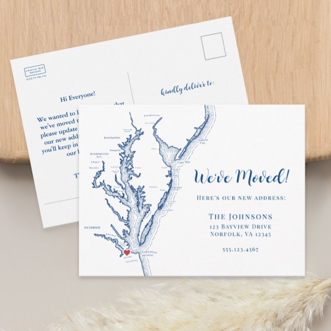 New Home Norfolk VA Karta Flytta Meddelande Vykort (Norfolk VA military moving announcement change of address postcard from Coastal Map Designs)