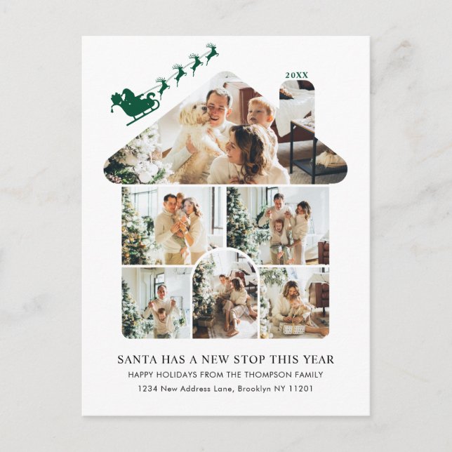 New Home Photo Collage Green Santa Sleigh Moving Helg Vykort (Framsida)