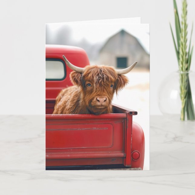 New House Highland Cow In a Red Retro Pickup Truck Kort (Framsida)