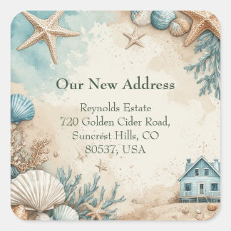 New House Seaside Beach House Coastal Marine Life Fyrkantigt Klistermärke