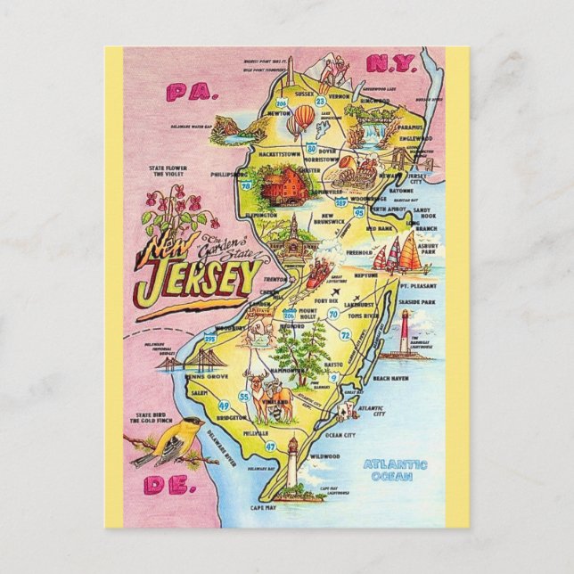 New Jersey Colorfully Illustrated  Postcard Vykort (Framsida)