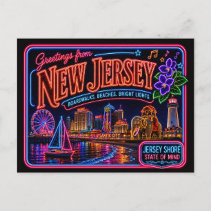 New Jersey Neon State Retro Vintage Vykort