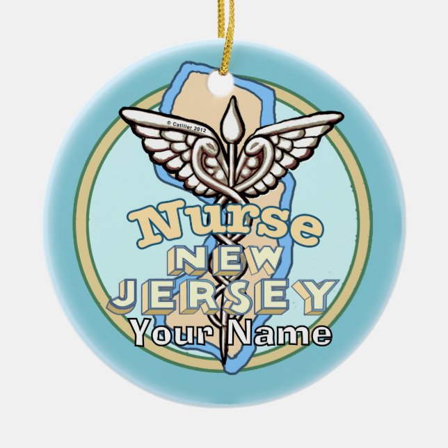 New Jersey Nurse Caduceus  Julgransprydnad Keramik (Framsidan)
