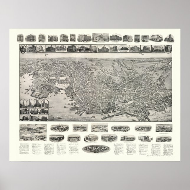 New London, CT Panoramic Karta - 1911 Poster (Framsidan)