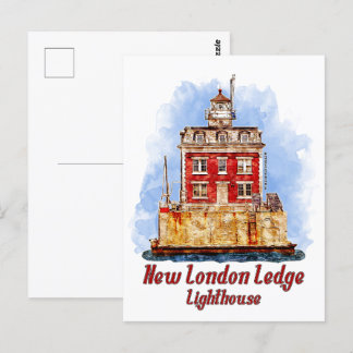 New London Ledge Lighthouse Watercolor Connecticut Vykort