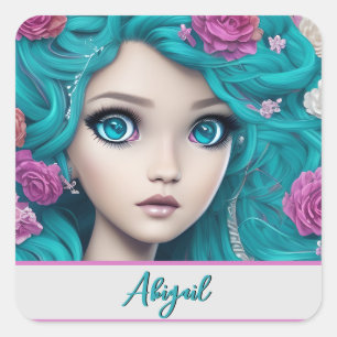 New London Princess med Turquise Hair och Öga Fyrkantigt Klistermärke