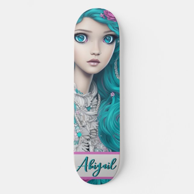 New London Princess med Turquise Hair och Öga Mini Skateboard Bräda 18,5 Cm (Framsida)