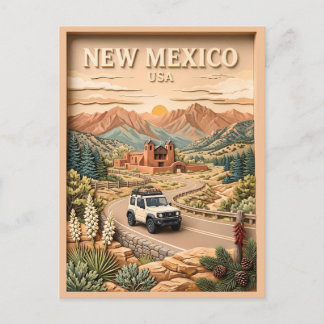 New Mexico Adobe-kyrka Berg Vägresa Vintage Vykort