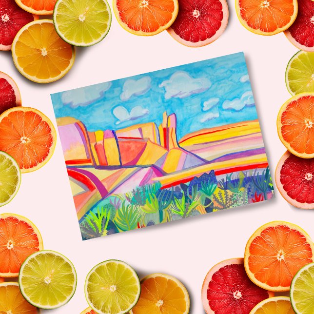 New mexico Kitchen Mesa liggande Vykort (Fun watercolor painting of Kitchen Mesa in New Mexico bright and colorful)
